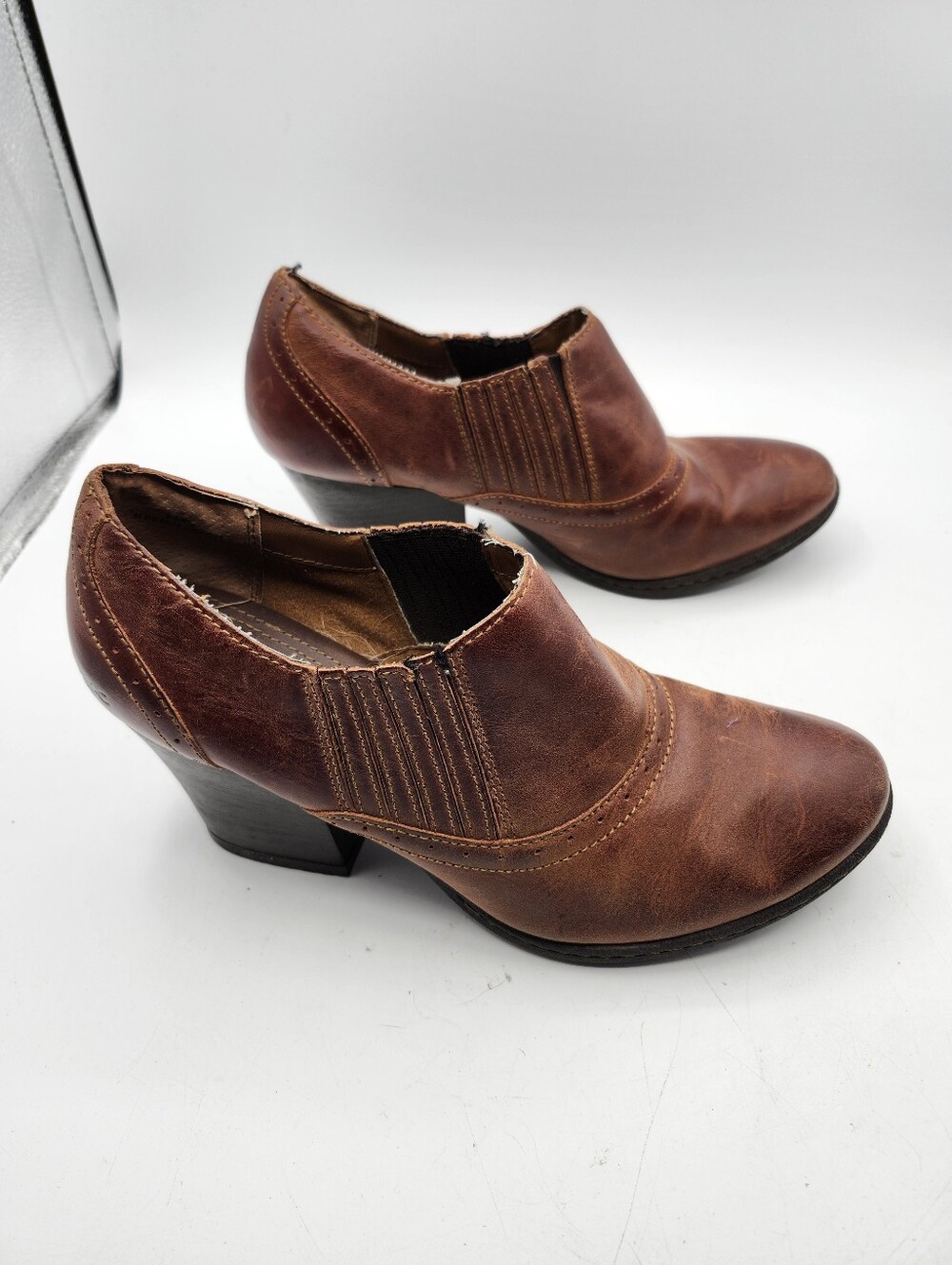 Born Brown Leather Slip-On Heeled Booties